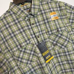 NWT Ariat Rebar Plaid Button Down Short Sleeve Shirt Mens XLT Work Durable Green